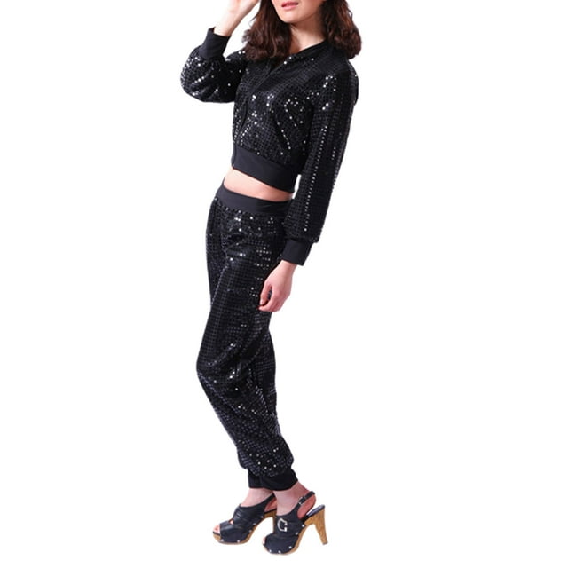 WILLBEST Pantalones Casuales Para Mujer Con Lentejuelas Brillantes, Trajes de Baile Callejero, Ropa de Hip Hop, Baile de Jazz, Blusa Con Cremallera Completa, Conjunto de Pantalones Harén Para Niñas