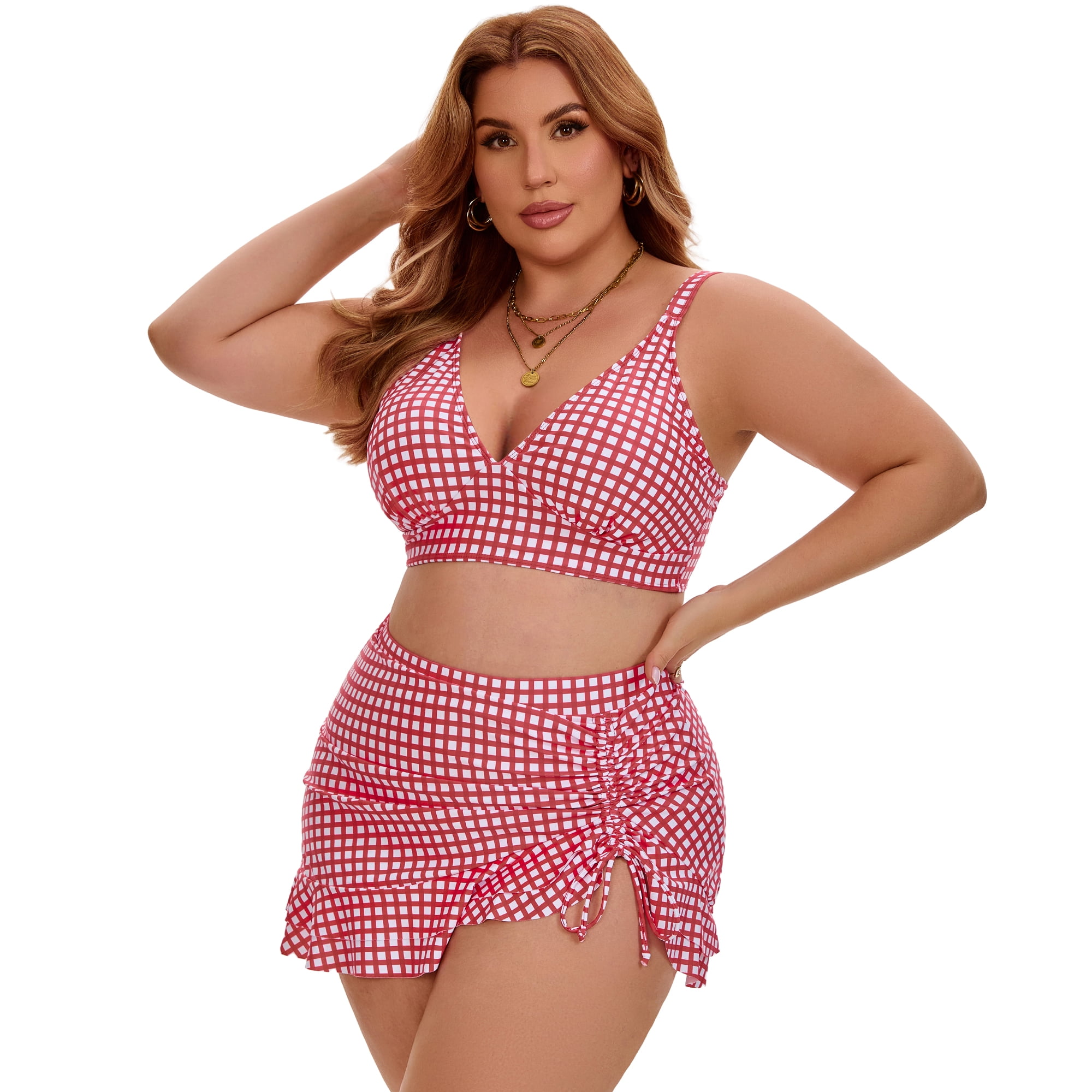 DARING DIVA Women's Plus with Retro Gingham High Waisted Bikini 1X Red