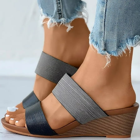 

〖Yilirongyumm〗 Black 42 Sandals Women Wedges Sandals Casual Bohemian Sandals Beach Shoes Double Strap Contrast Paneled Wedge Shoes Slippers