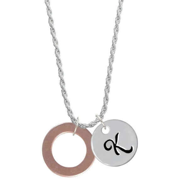 Delight Jewelry Acrylic 7/8" Ring Rose Goldtone Silvertone Script Initial Disc - K - Charm Necklace, 20"+3"