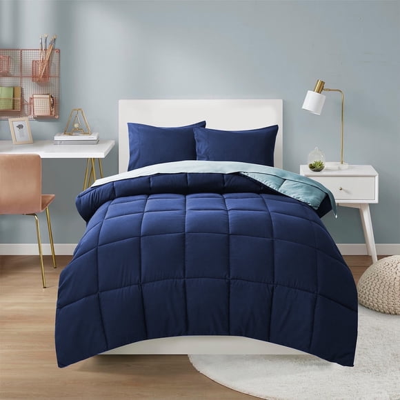 HIG Jgo. Edredón Twin XL 5 Pzs, Reversible Azul Marino, Ligero, 1 Edredón, 1 Sáb. Plana, 1 Sáb. Ajust., 2 Fundas Alm., Bolsa, Para Todas Estaciones, Recámara.