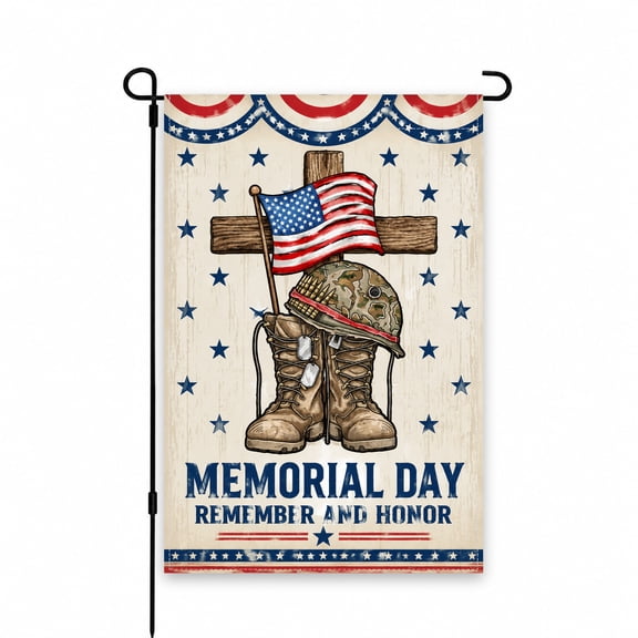 Memorial Day Garden Flag 12x18 Inch Patriotic American Flag with Military Helmet and Boots Outdoor Decor for Yard, Lawn, Patio, Porch Decoration