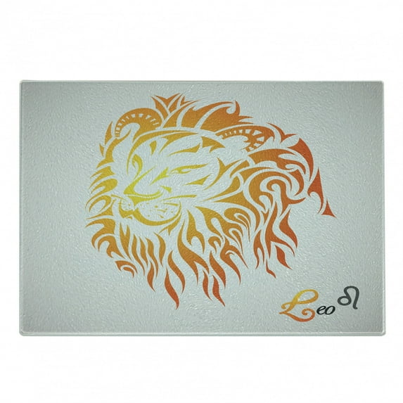 Astrology Cutting Board, Leo Zodiac Sign on Plain Background Sun Mystic Lion Self Power Universe Theme, Decorative Tempered Glass Cutting and Serving Board, Small Size, Orange, by Ambesonne