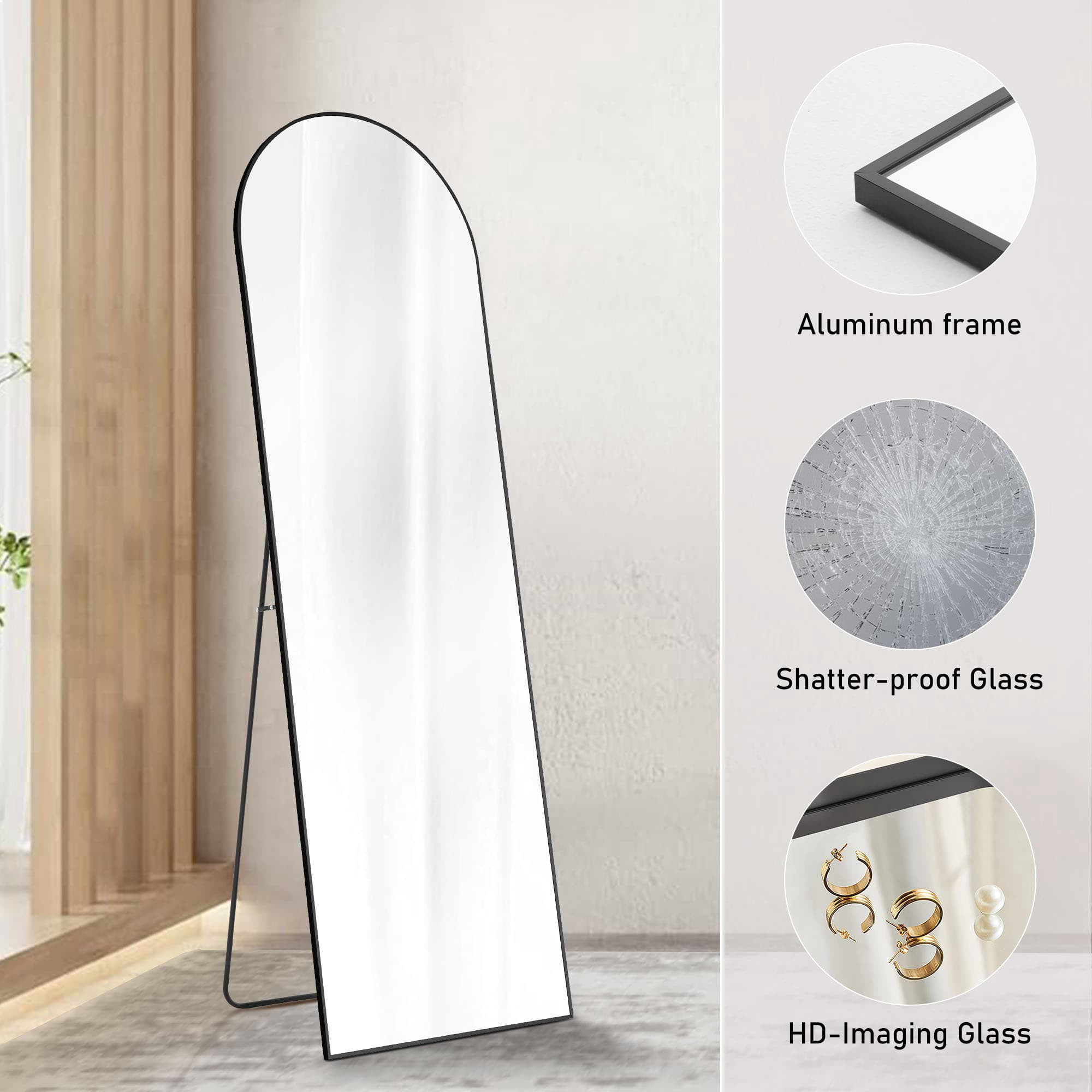 MAYEERTY 64in Arched Full Length Mirror Full Body Mirror with Bracket, Aluminum Alloy Frame, Black