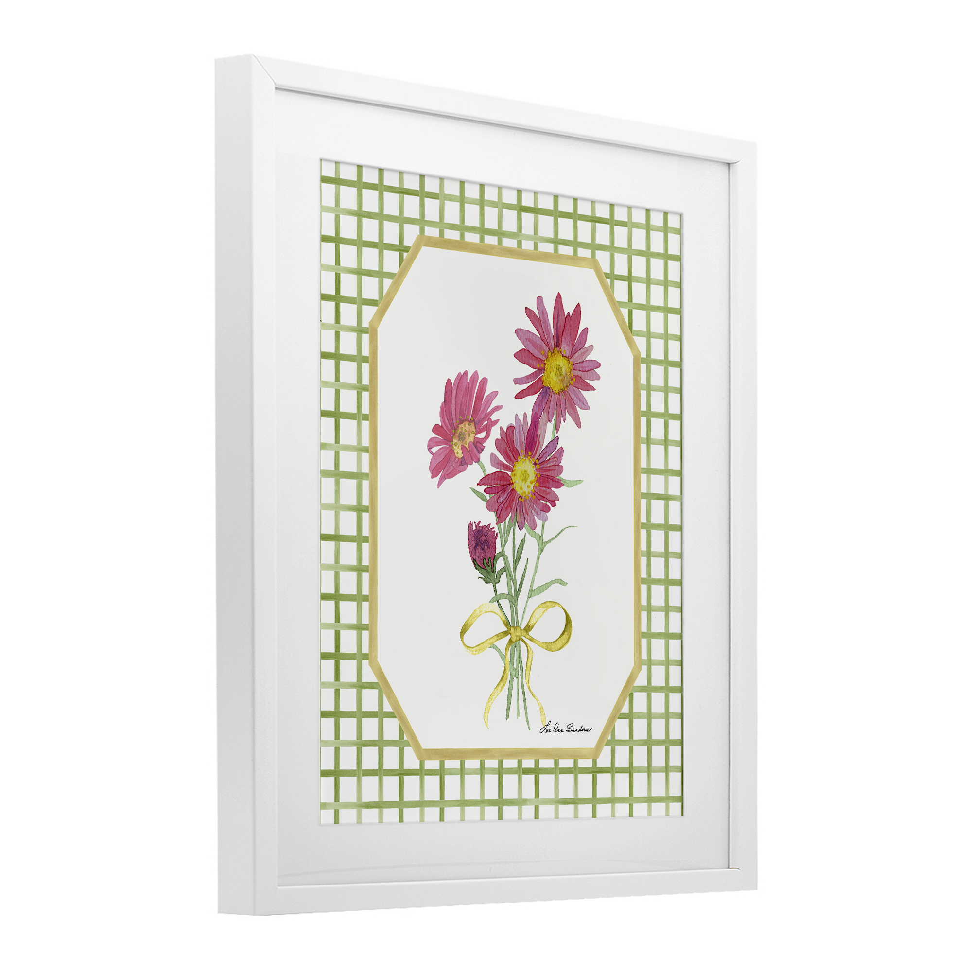 Botanical Story on Gingham White Framed Print Under Glass, design by Lee Ann Sanders