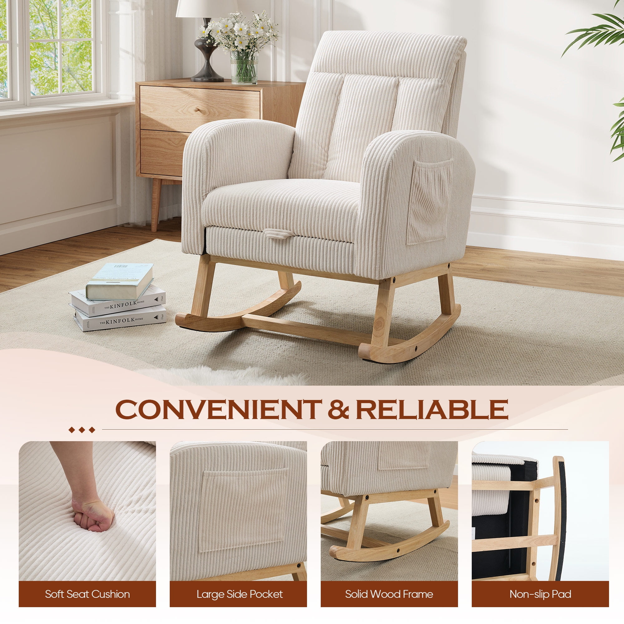 FFH Rocking Chair for Nursey, Rocking Chair with Footrest, Corduroy Armchair with High Backrest and Side Pockets, Accent Chair for Living Room, Bedroom, Beige