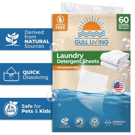 Gull Living Travel Laundry Detergent Sheets Unscented, 30 Count / 60 Loads - Dissolves Quickly, Removes Stains & Odors - For Home and Travel Laundry Sheets Detergent