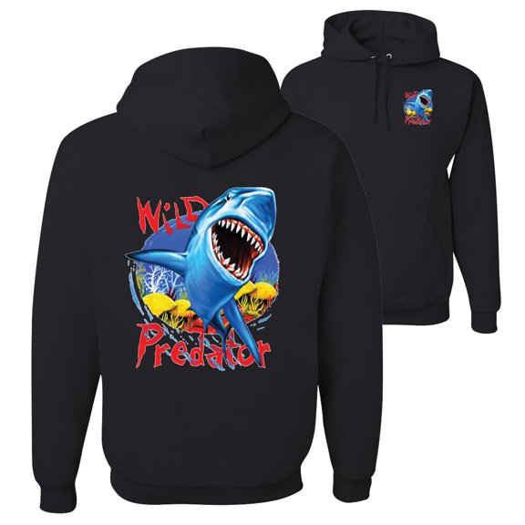 Wild Bobby,Shark Ocean Wild Predator Fishing Front and Back Unisex Graphic Hoodie Sweatshirt, Black, Small
