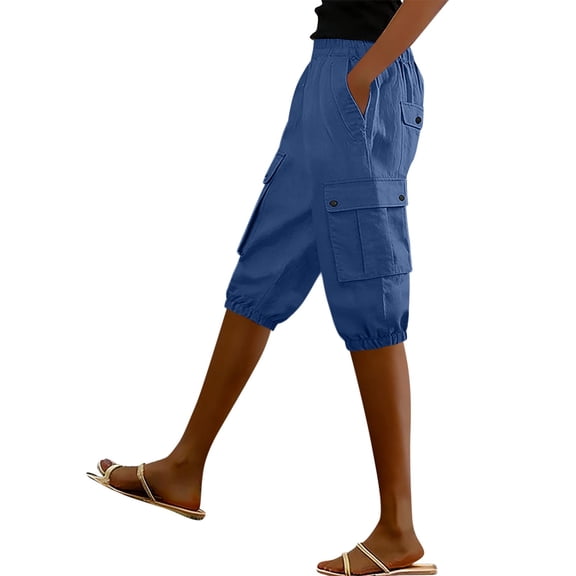 Fmbrln Womens Capri Cargo Pants Elastic Waisted Tapered Summer Pants Loose Solid Color Cropped Pants with Pockets