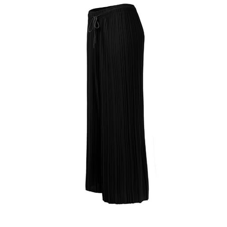 Black Pleated Chiffon - Made by Olivia Women's Elastic Waist Chiffon Loose Pleated Wide Leg Palazzo Overlay Capri Black ONE