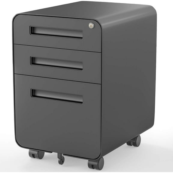 Modern Round Corner 3 Drawer Mobile Steel File Cabinet with Lock, Black, 19.69"L x 15.75"W x 23.62"H, Home Office