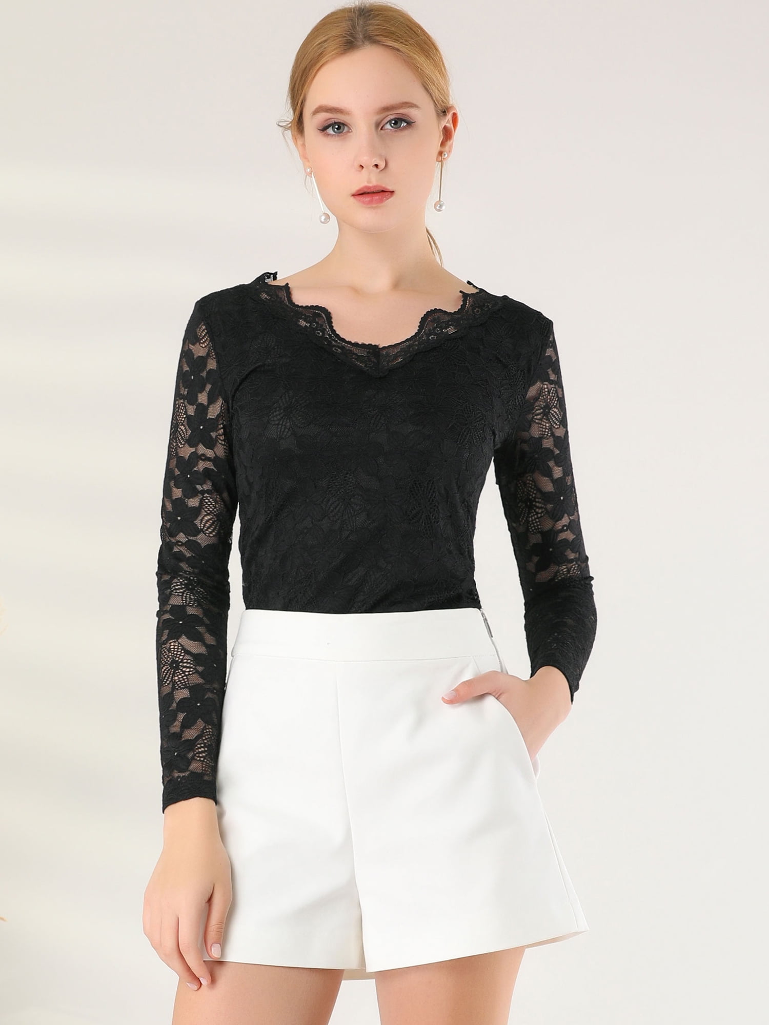 DARING DIVA Floral Lace Shirt Lace Scalloped Trim Blouse XL Black