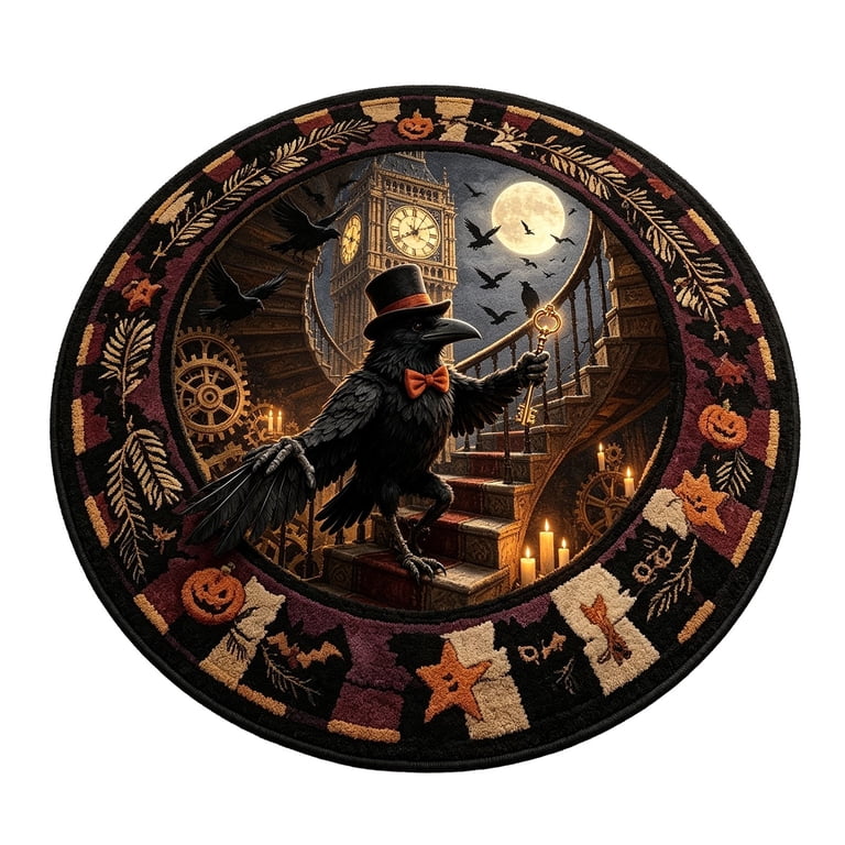 3D Halloween Round Doormat, Pumpkin and Witch Visual Print, Absorbent ...