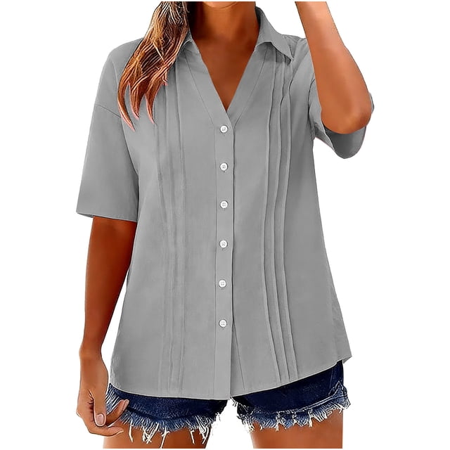 TaTaai 2026 Spring Summer Solid Color Linen Feel Top for Women Short Sleeve Lapel Collar Button Front Pleated Casual Blouse Soft Comfy Daily Vacation Outfits Gift