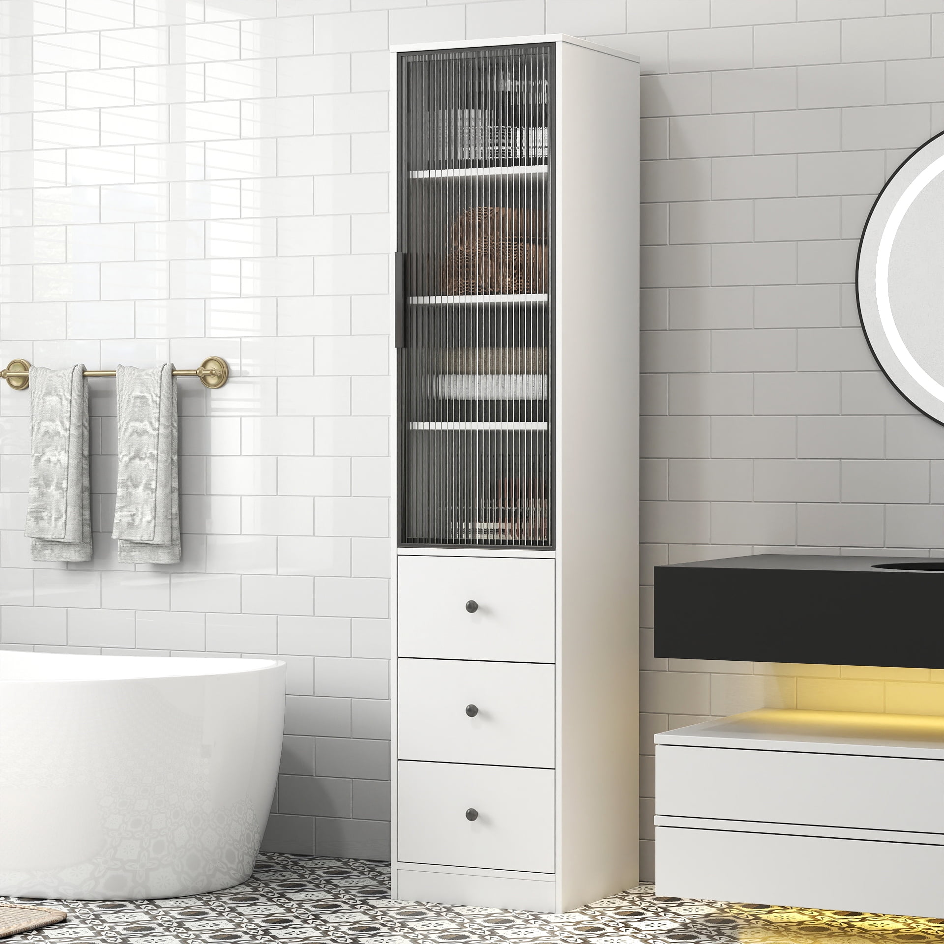Tall Bathroom Storage Cabinet Narrow Unit with Glass Door 3 Drawers, White