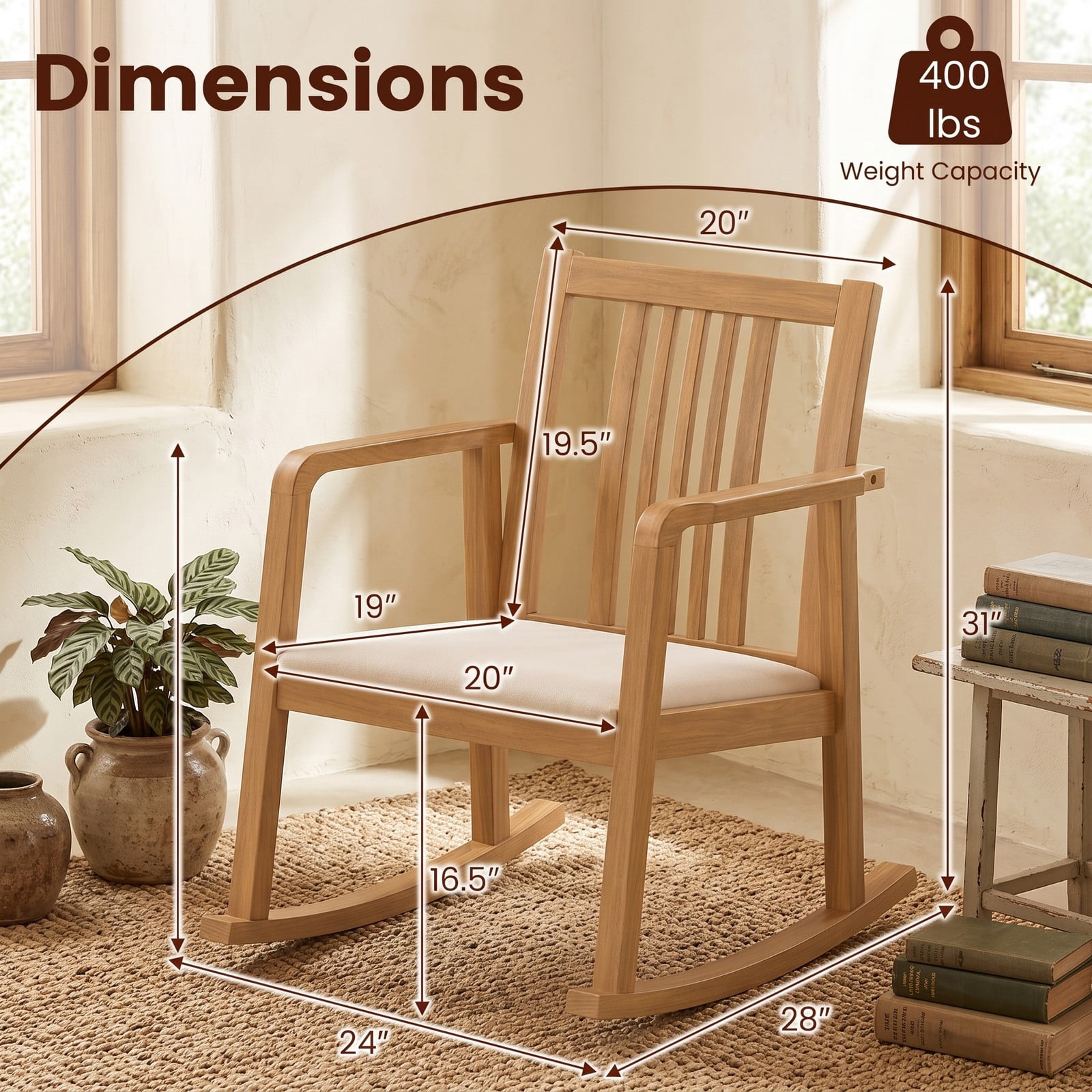 Furnibear Rocking Chair with Slatted Back, Curved Armrests and Soft Padded Fabric Seat for Living Room, Bedroom and Nursery, Natural