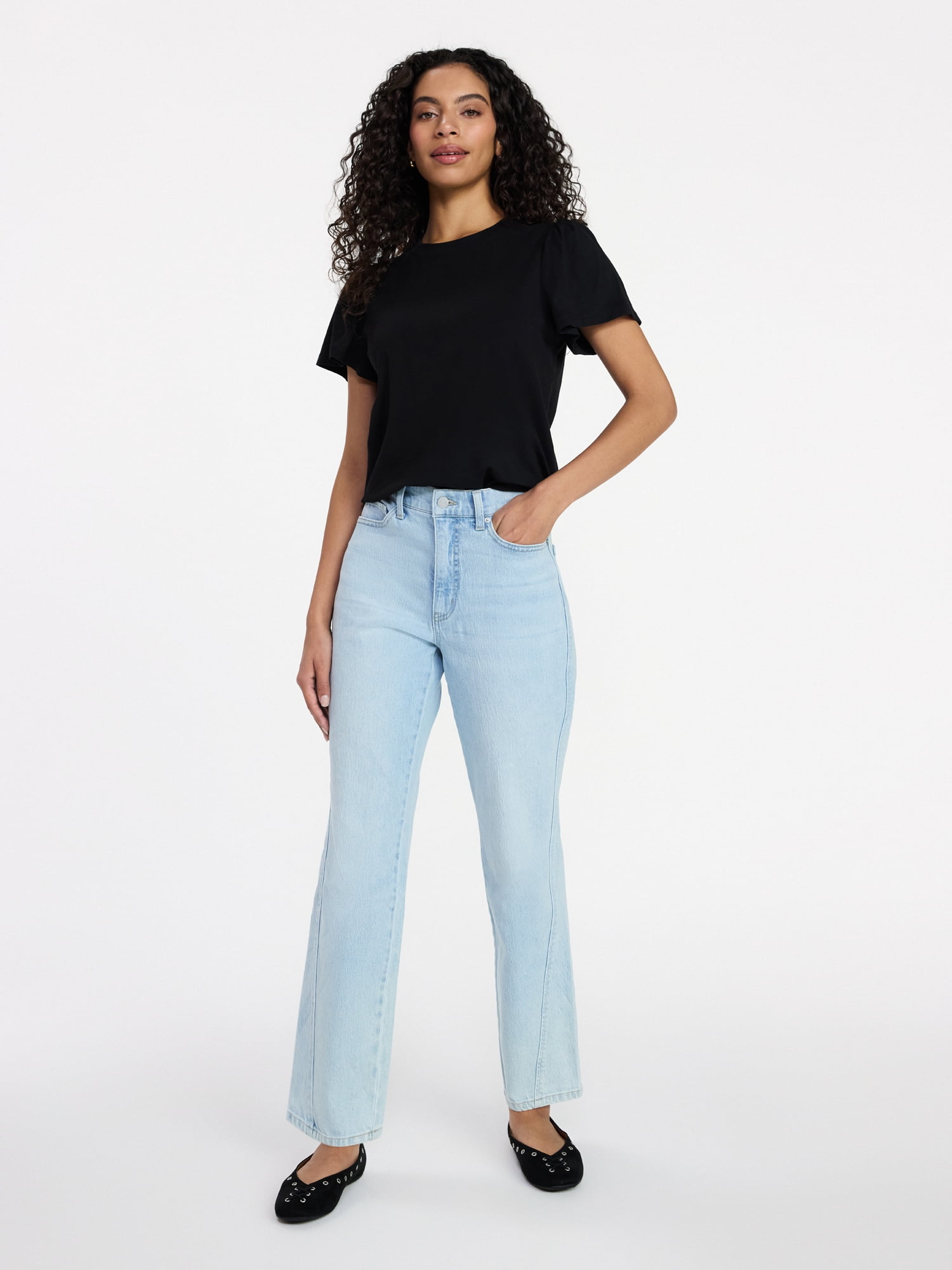 Time and Tru Women's Crewneck Top with Short Flutter Sleeves, Sizes XS-XXXL