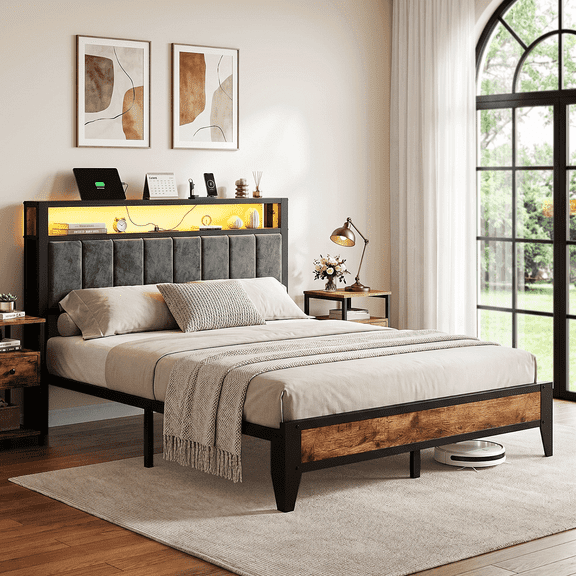 Bexfil Queen-XL Size Bed Frame with LED Light, Charging Station and Storage Wood Headboard, Platform Bed Frames Weight Capacity of 1400 lbs for Bedroom ( 80''x60'' Mattress)