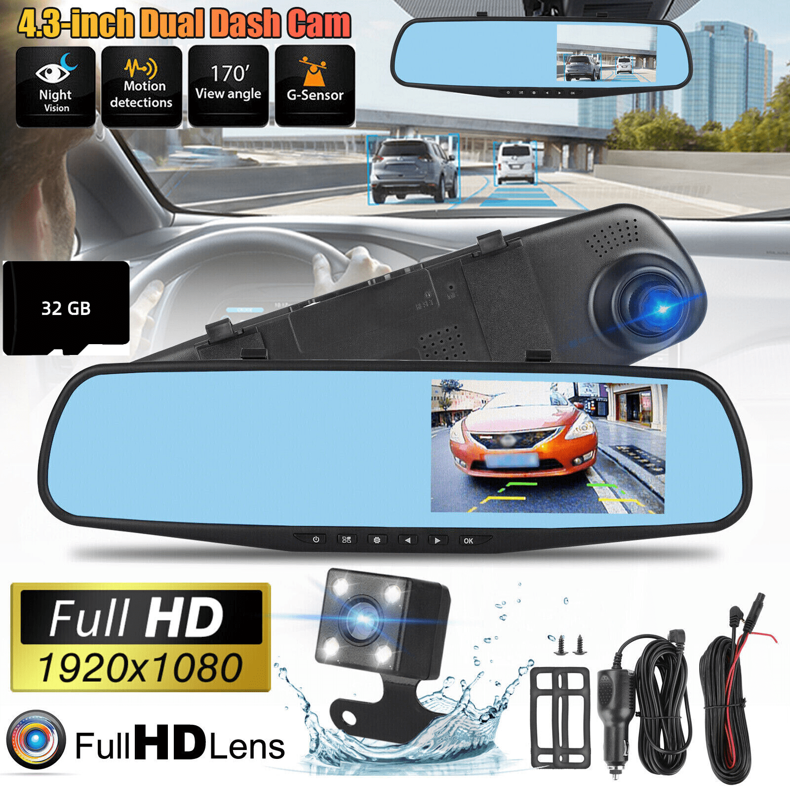 4.3" Touch Screen w/Backup Camera & 32GB TF Card, 1080P HD Full Mirror