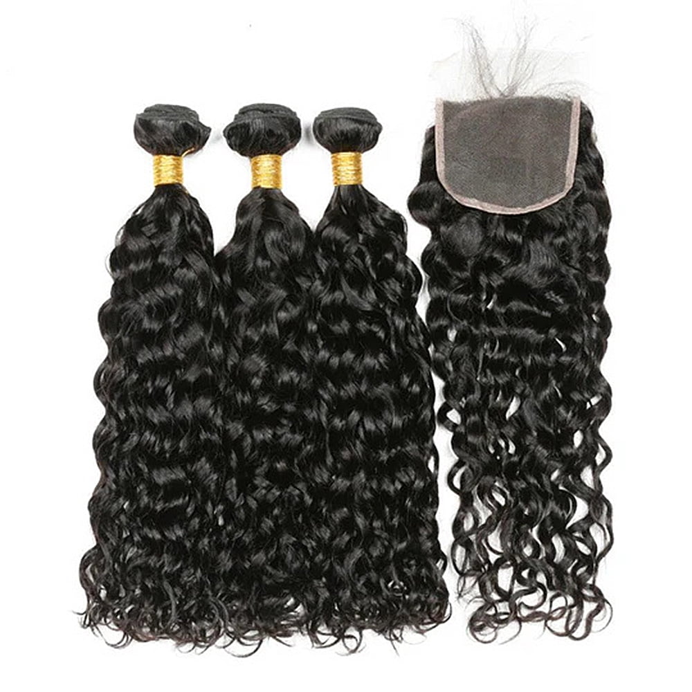 3 Bundles Water Wave Transparent HD Lace Closure Human Hair 4x4 Lace Closure Water Wave Human Hair Closure 10 12 14 inch