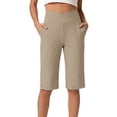 thumbnail image 4 of Women's 14" Bermuda Shorts Knee Length High Waisted Stretchy Long Shorts with Pockets Athletic Casual Summer ,S,#01 Khaki, 4 of 8