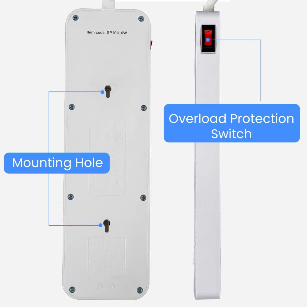 10-Outlet Surge Protector with 2 USB-C & 2 USB-A Ports, 2450 Joules, 6' Cord, LED Indicator – Power Strip for Home and Office Use by Watson(White)