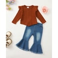 thumbnail image 2 of Kucnuzki 6 Months Newborn Baby Girls Outfits 12 Months Warm Clothing Sets Ruffle Long Sleeves Knit Top Solid Color Pullover Top Bowknots Flared Denim Pants Jeans 2pcs Pant Sets Brown, 2 of 9