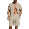 thumbnail image 3 of VBTAPA Mens 2 Piece Cotton Linen Outfits Summer Beach Matching Sets Short Sleeve Button Down Shirts and Shorts Set with Pockets Khaki XL, 3 of 7