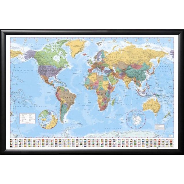 FRAMED World Map with Flags 24x36 Dry Mounted in Real Wood Black Finish