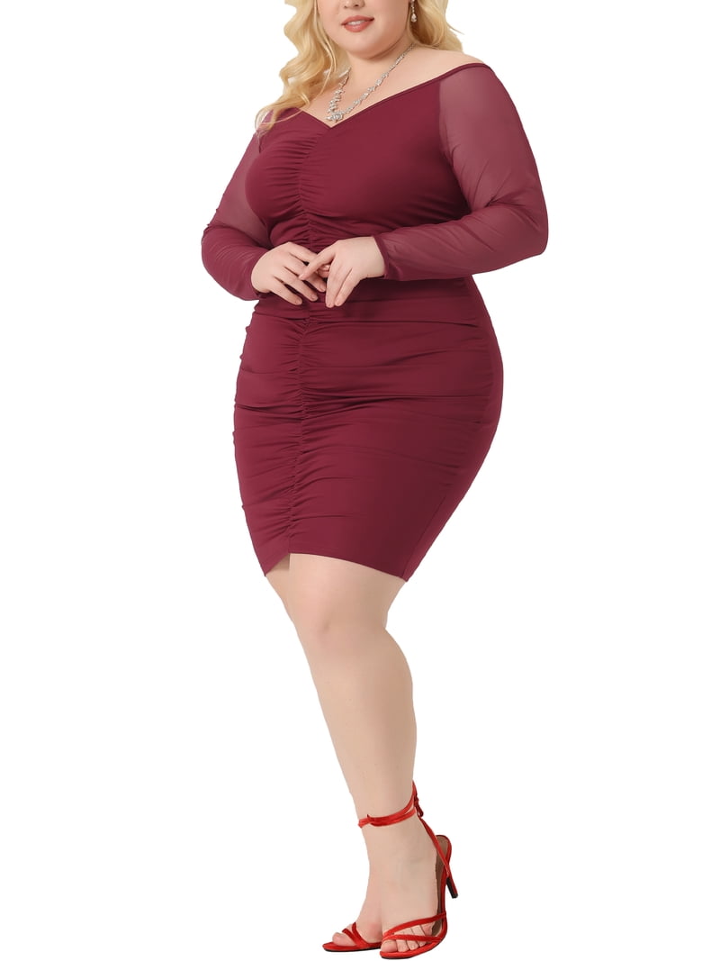 Agnes Orinda Plus Size Bodycon Dress for Women's Off Shoulder Mesh 3/4 Sleeve Stretchy Ruched Pencil Mini Dress 4X Burgundy