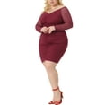 thumbnail image 4 of Agnes Orinda Plus Size Bodycon Dress for Women's Off Shoulder Mesh 3/4 Sleeve Stretchy Ruched Pencil Mini Dress 1X Burgundy, 4 of 5