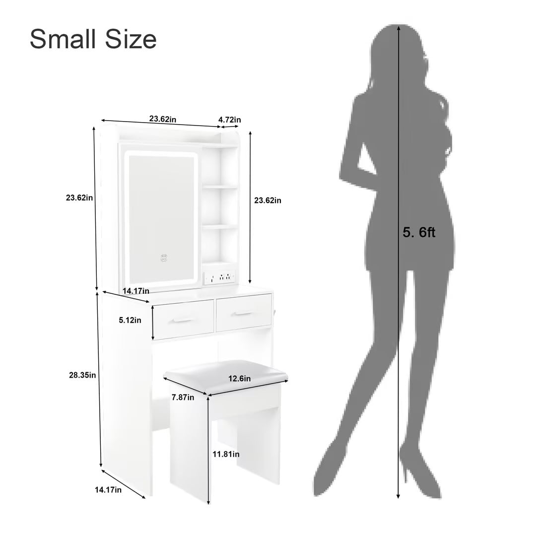 LED Vanity Table with Mirror 3 Color Lighting USB Outlets Hair Dryer Stand for Bedroom Dressing Room