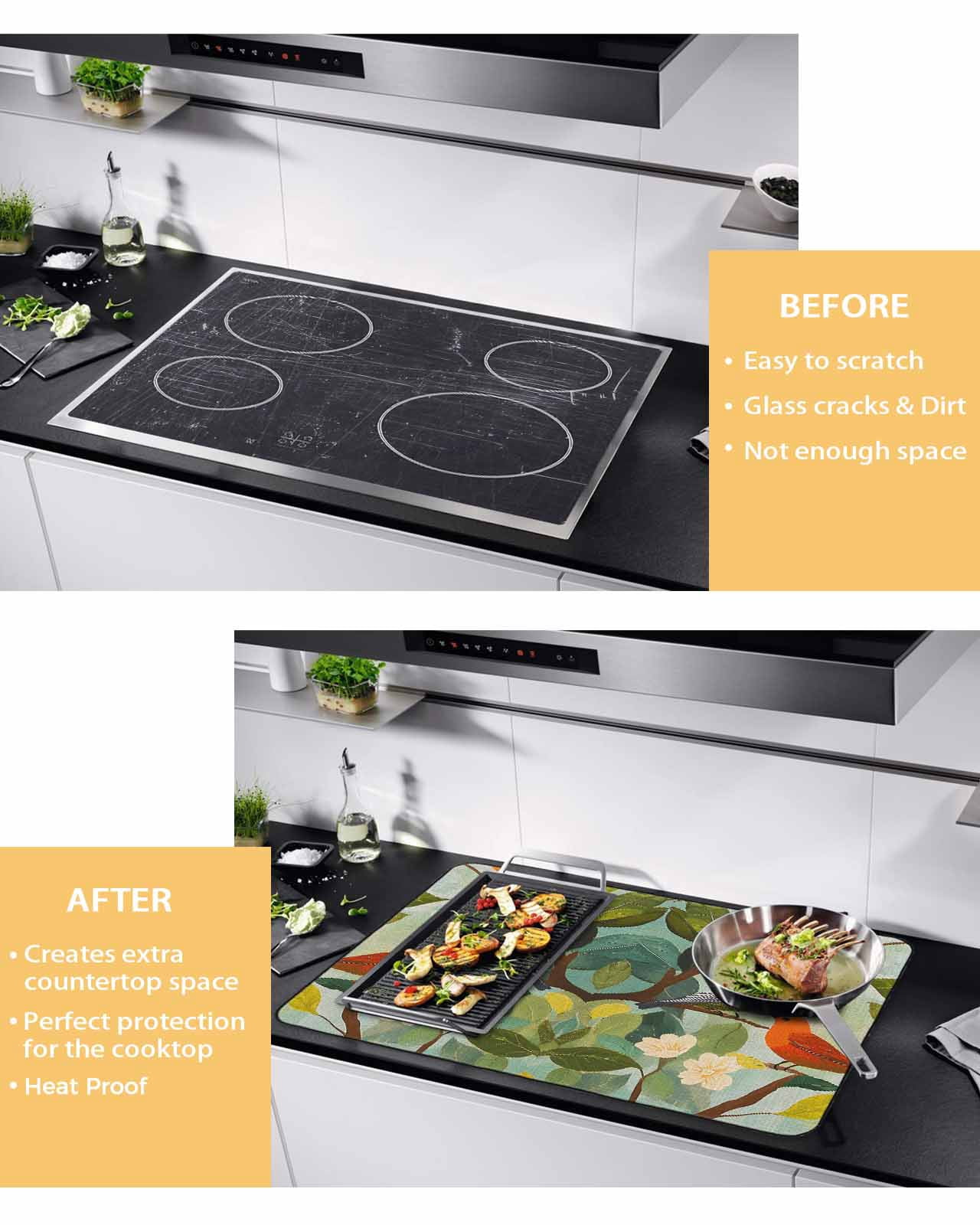 nqOlkjepod Large Induction Cooktop Protector Mat 24"x21", Spring Birds Leaves Stove Top Covers for Electric Stove, Summer Pastoral Botanical Decorative Stove Burner Cover Mats, Glass Top Stove Cover