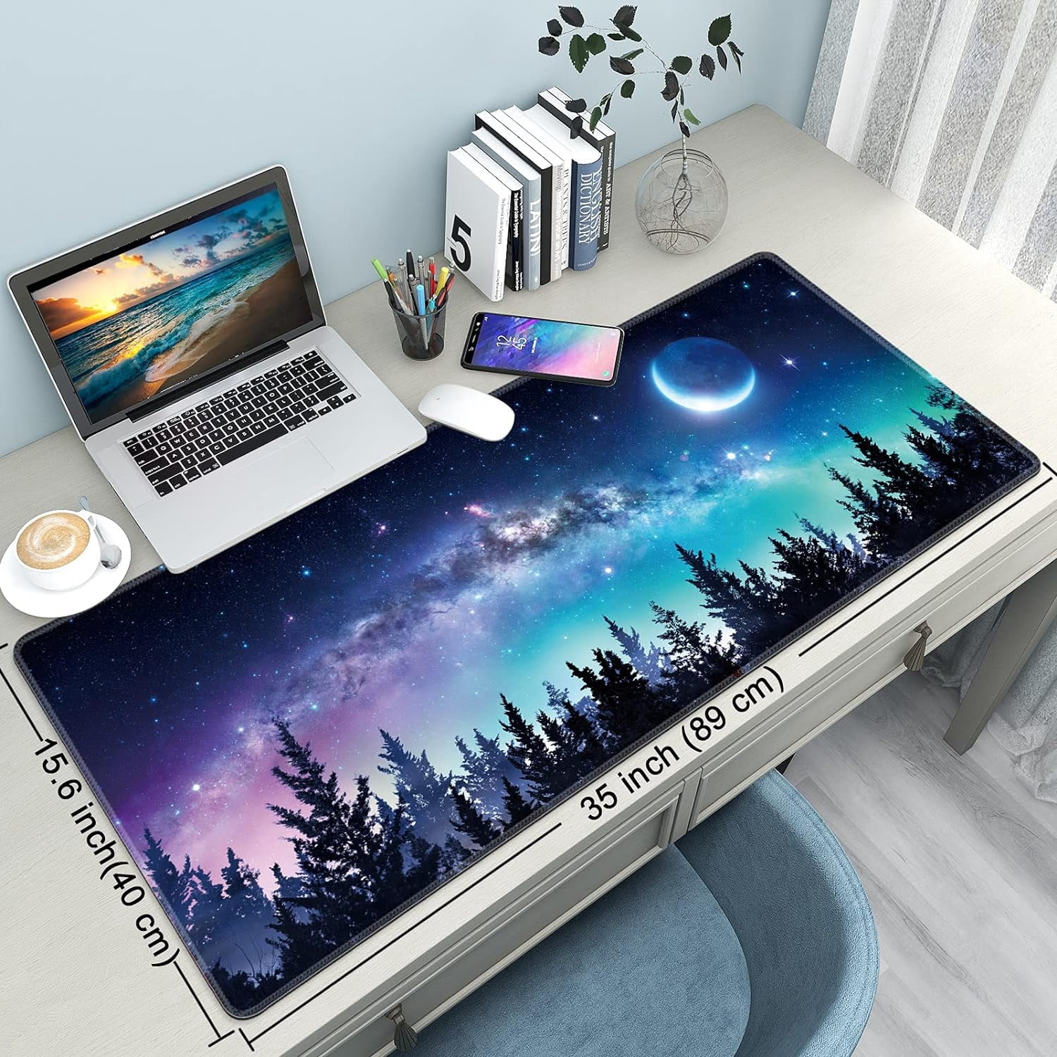 Desk Mat,Large Mouse Pad 35''×15.6''×0.12'' XXL Extended Gaming Mouse Pad Mat with Non-Slip Base Stitched Eges Mousepad for Computer,Office,Keyboard and Laptop - Forest Moon