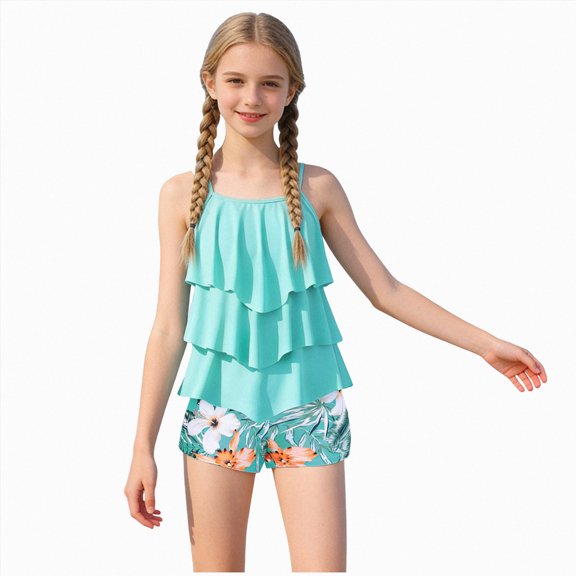 Xudanell Girls Tankini Swimsuit 2 Piece Tiered Ruffle Bathing Suit Teen Girl Swimsuit (13-14 Years,Mint Green)