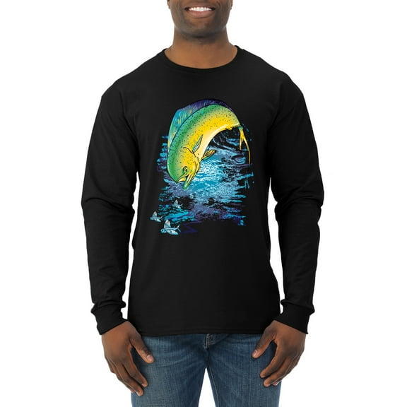 Mahi-Mahi Fish Catching Small Fish Animal Lover Mens Long Sleeve Shirt, Black, Small