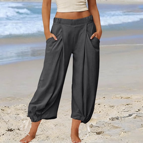 AUNVITO Women's Casual Pants with Elastic Waistband Side Pockets and Cuffed Ankles Relaxed Fit Comfortable Style