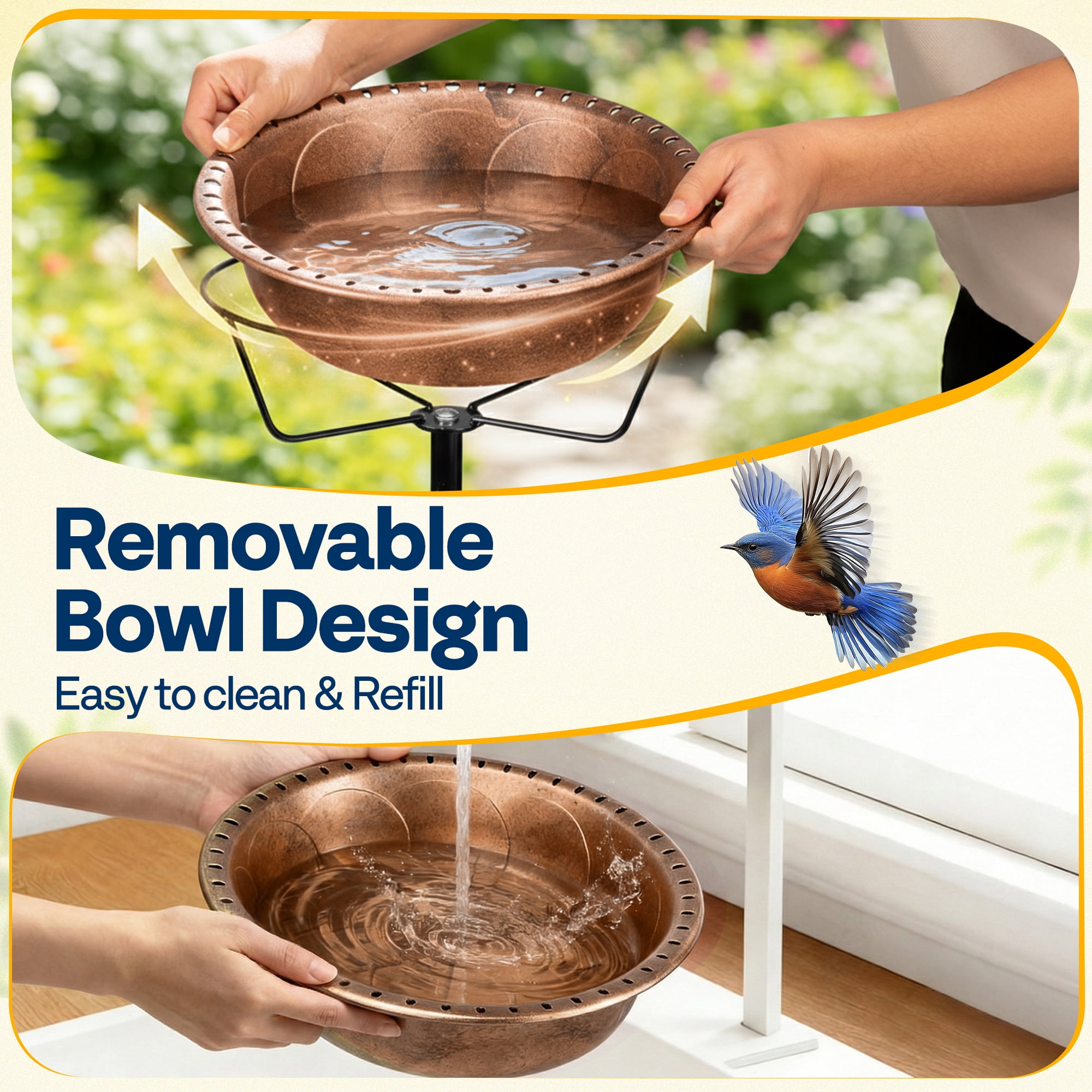 SPECSTAR Bird Bath with Solar Fountain for Outside, Weather-Resistant ABS Birdbath Bowl with Solar Powered Pump, Metal Ground Stake for Outdoor, Garden, 1.45 Gallons, Bronze