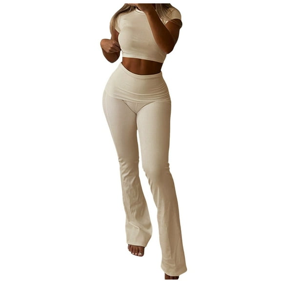 Fgnfyis Women's 2 Piece Casual Group Folding Bell Bottom Group Short Sleeved Short Version Blouse Casual Clothing Sets Pants Sets for Women Women's Trousers Suit Beige S
