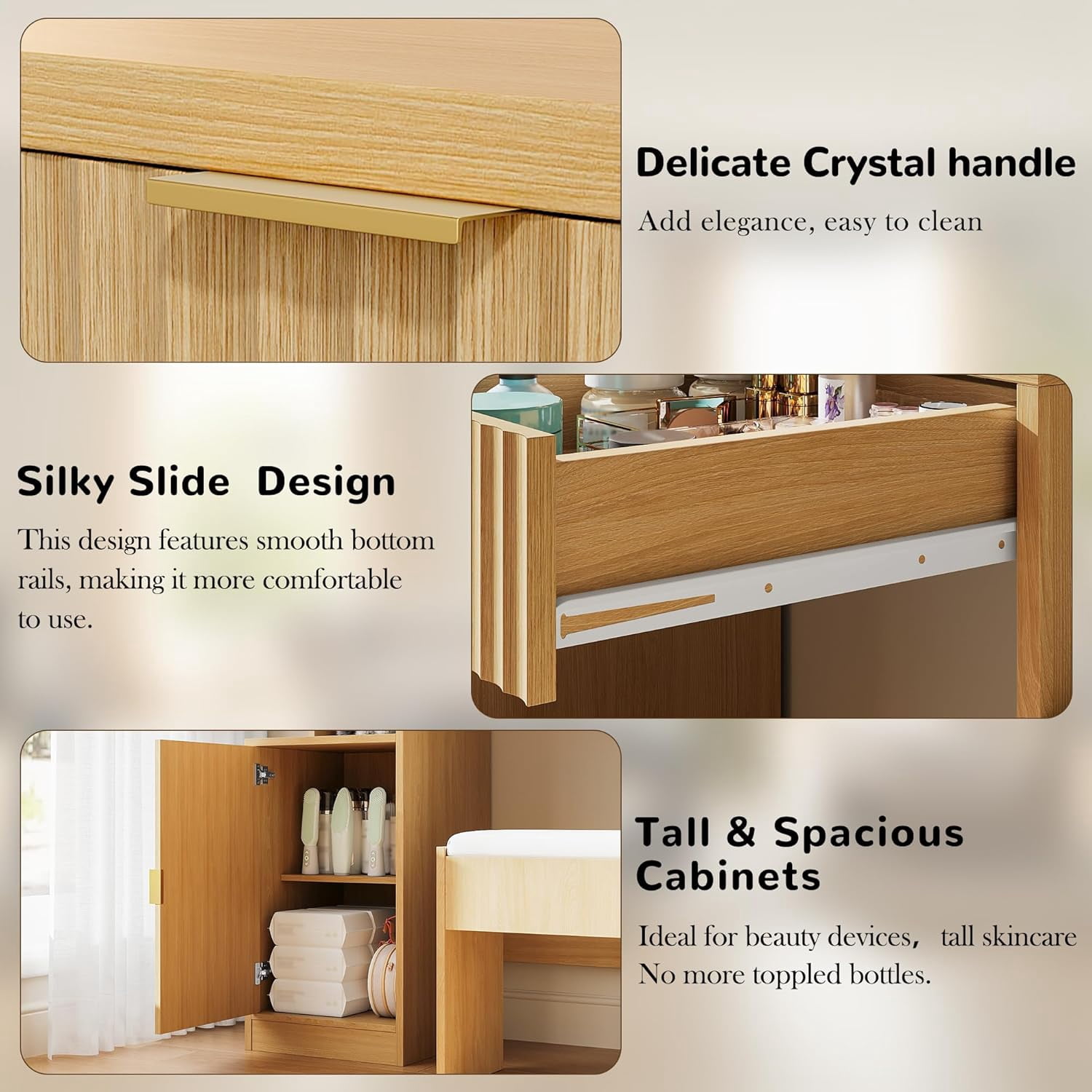 53" Makeup Vanity Set with Mirror and Lights, NEORIVER Big Brown Makeup Vanity Desk with Chair and Power Outlet, 3 Color Lighting Modes & Adjustable Brightness for Bedroom