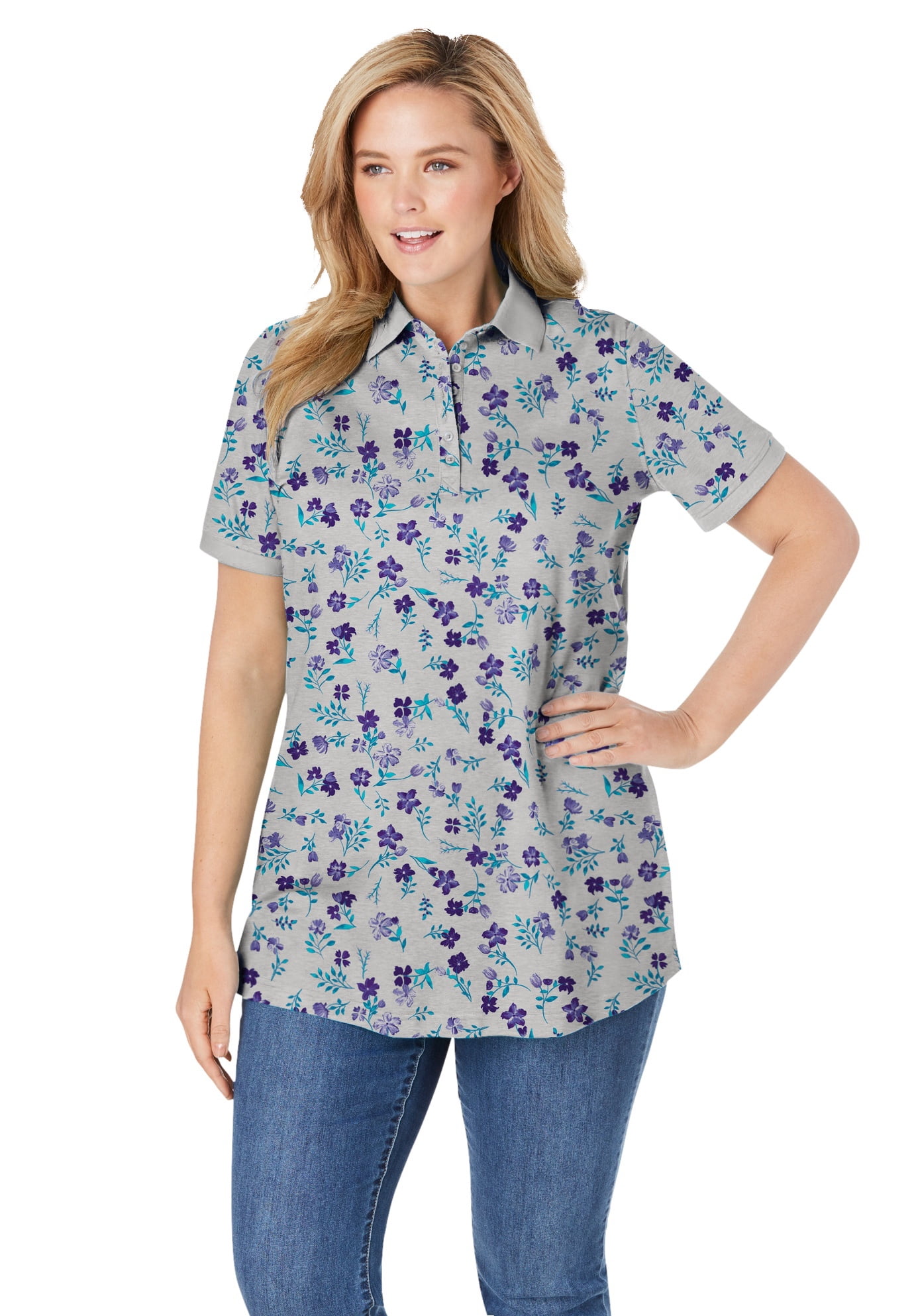 Woman Within Womens Plus Size Perfect Printed Short-Sleeve Polo Shirt 