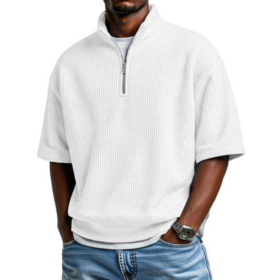 Mens Casual Polo Shirt Summer Short Sleeve Waffle Shirt Stand Collared Golf Polo Shirts