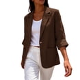thumbnail image 4 of LEKODE Women Cotton Linen Single Button Blazer, Notched Lapel 3/4 Cuffed Roll Sleeve Loose Casual Suit Jacket with Dual Front Storage Pockets Brown L, 4 of 6