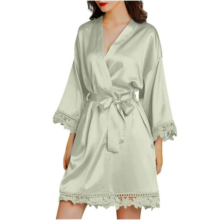 QUYUON Womens Satin Robe Silk Kimono Bathrobe Bridesmaid Wedding Bridal Party Robes Women 3/4 Sleeve Lace Trim V Neck Pajamas Short Nightgown Lingerie Sleepwear with Belted Mint Green-C L