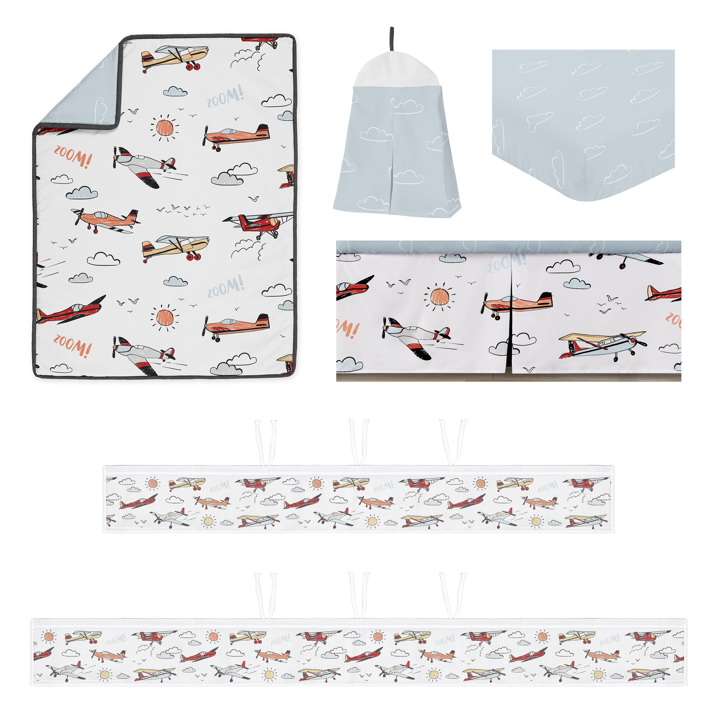 Sweet Jojo Designs Airplane Red Blue and White Crib Bedding + BreathableBaby Breathable Mesh Liner Pad