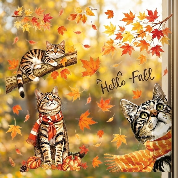 Fall Window Clings, Fall Leaves Wall Stickers & Watercolor Cats, Pumpkin Autumn Window Clings Set, Peel and Stick Removable Falls Wall Stickers Decals for Home, Living Room Glass Door Halloween