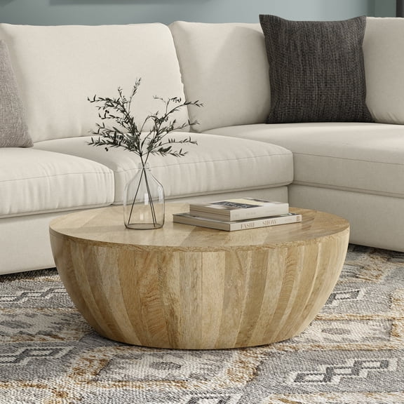 Simpli Home Elmbrook 34 inch Wide Solid Mango Modern Industrial Drum Coffee Table in Natural, Assembled