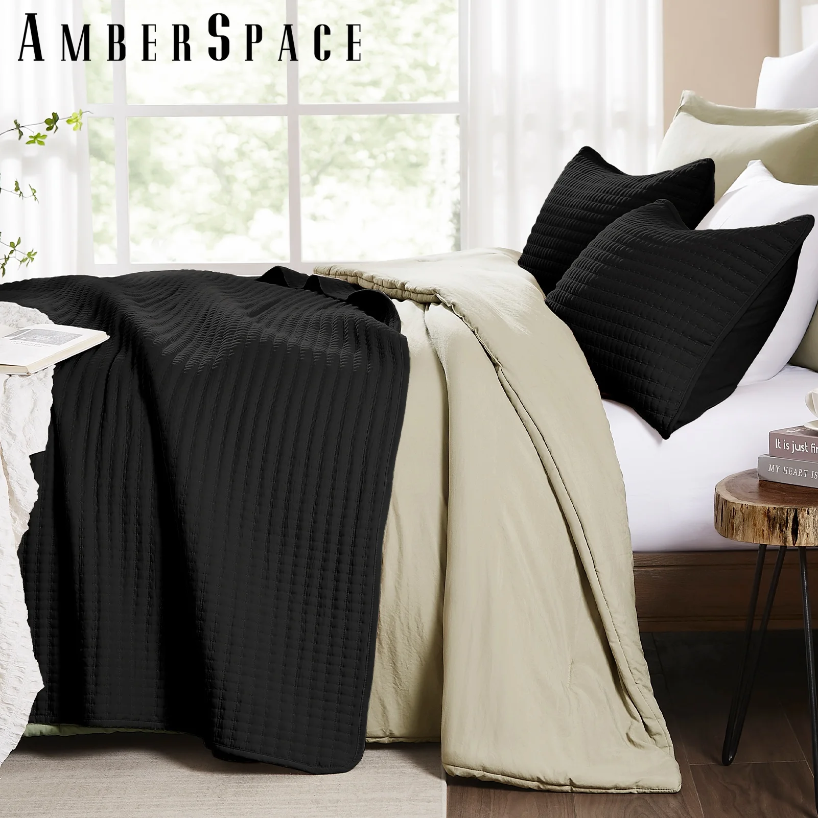 Amberspace Lightweight 3-Piece Bed in a Bag Quilt Set with Pillow Shams,Black,Queen
