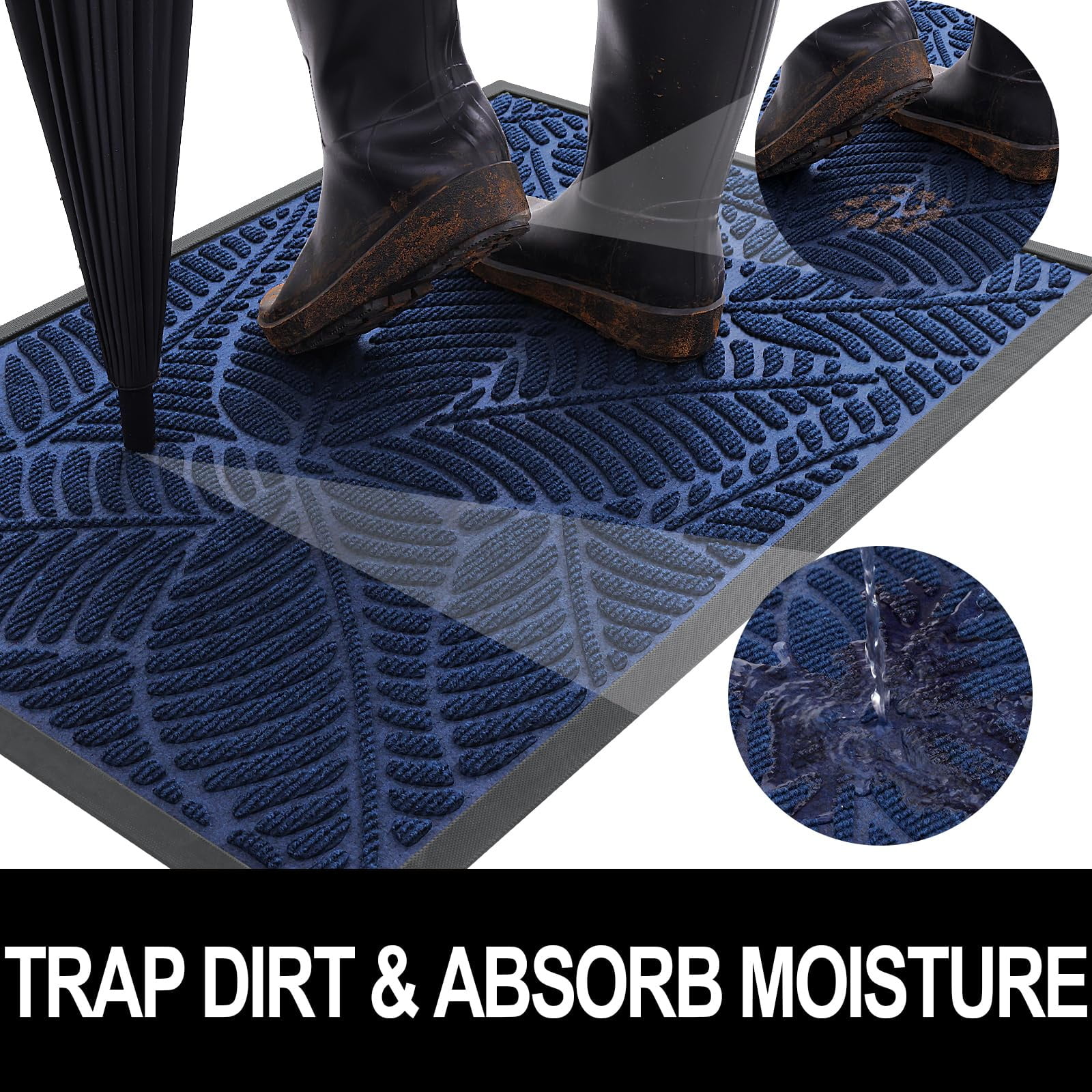 Buganda Waterproof Doormat, Non Slip Absorbent Rubber Door Mat for Outdoor and Indoor, Low Profile Dirt Trapper Front Door Rug, 48"x32",Navy