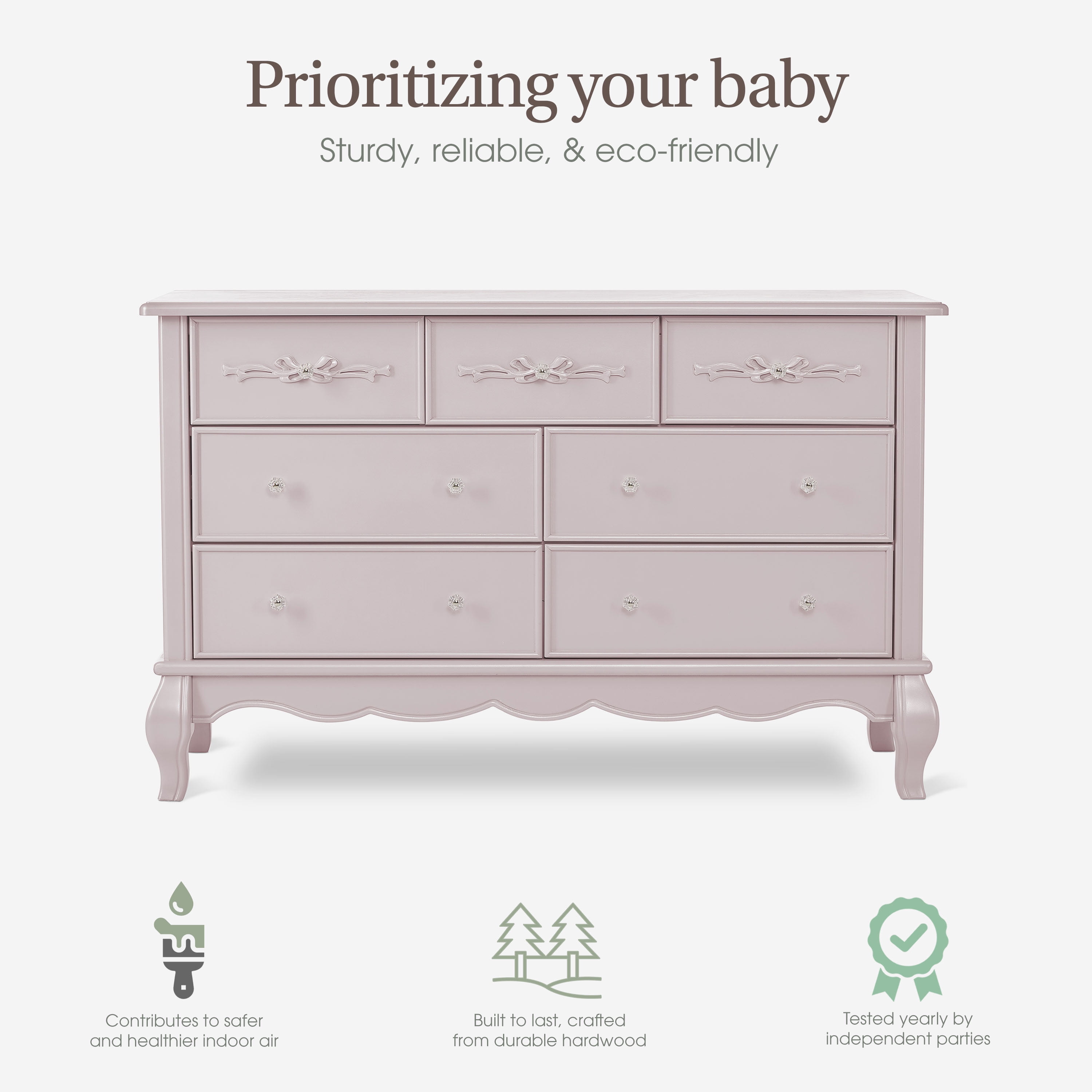 Evolur Aurora 7-Drawer Double Dresser in Pink Pearl, Spacious Drawers